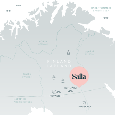 The map of Salla. Salla is located in eastern Lapland, Finland.